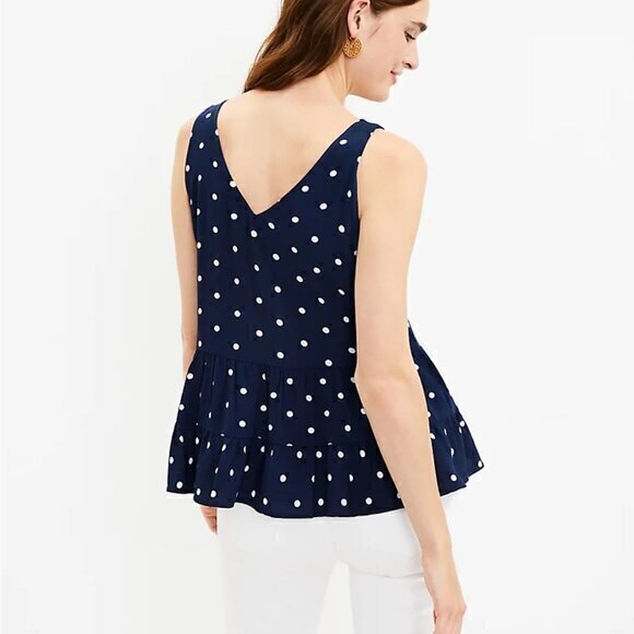 “NWT" Loft Petite Dotted Double V Peplum Shell Top- Size XS- Blue/White - Picture 2 of 12
